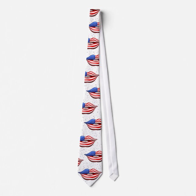 USA Flag Lipstick on Smiling Lips Tie (Front)