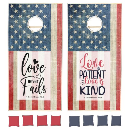 USA Flag Love is Patient Bible Patriotic Wedding  Cornhole Set