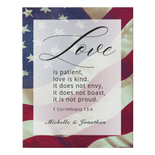USA Flag Love is Patient Bible Patriotic Wedding Faux Canvas Print