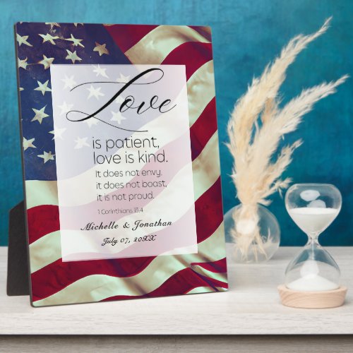 USA Flag Love is Patient Bible Patriotic Wedding Plaque
