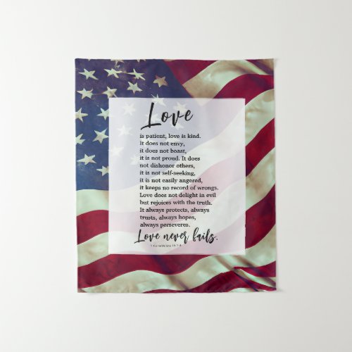 USA Flag Love is Patient Bible Patriotic Wedding  Tapestry