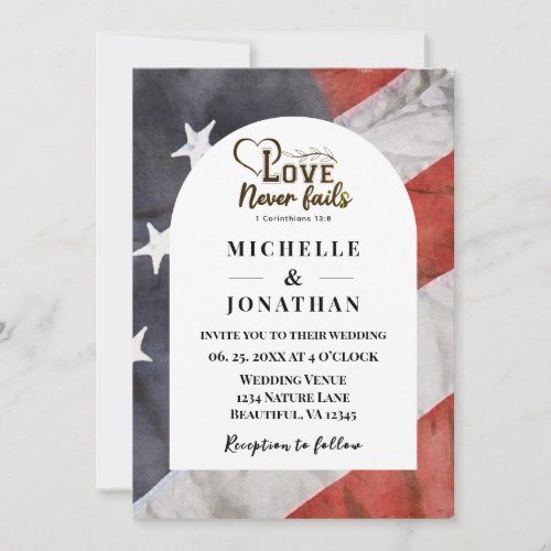 USA Flag Love Never Fails Bible Patriotic Wedding Invitation