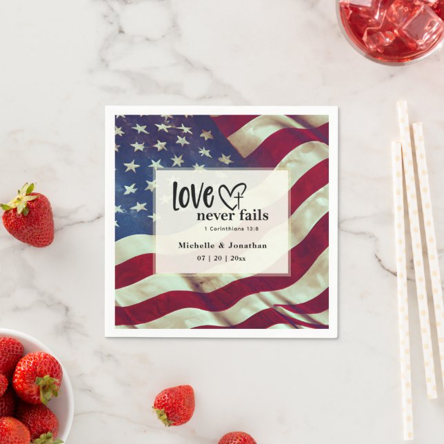 USA Flag Love Never Fails Bible Patriotic Wedding  Napkins (Insitu)