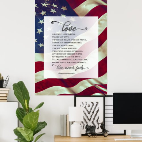 USA Flag Love Never Fails Bible Patriotic Wedding  Poster