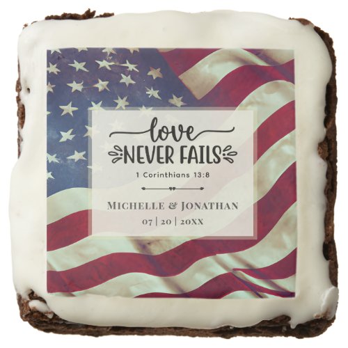 USA Flag Love Never Fails Wedding Bible Verse Brownie