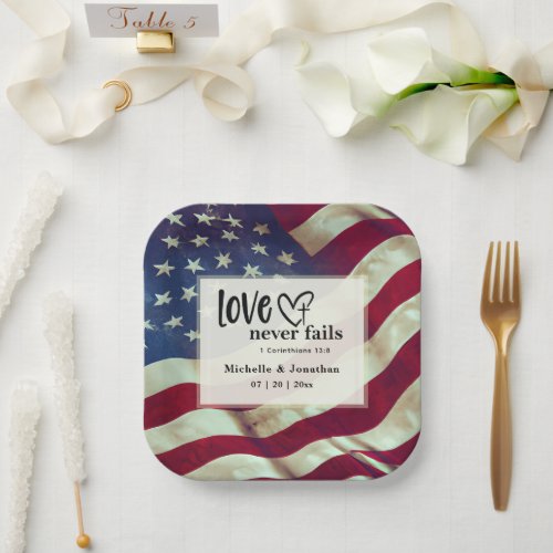 USA Flag Love Never Fails Wedding Bible Verse  Paper Plates
