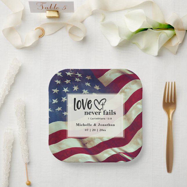USA Flag Love Never Fails Wedding Bible Verse  Paper Plates (Wedding)