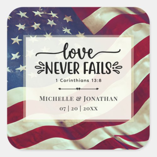 USA Flag Love Never Fails Wedding Bible Verse Square Sticker