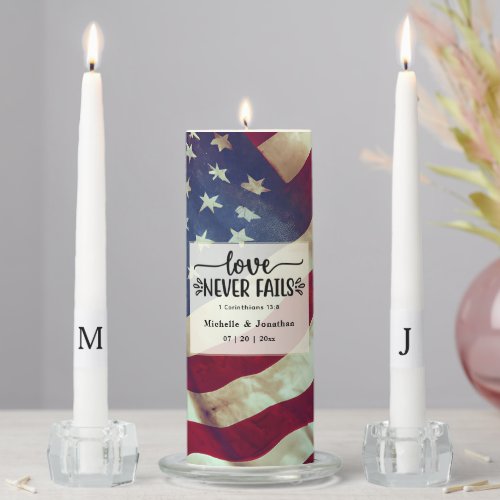 USA Flag Love Never Fails Wedding Bible Verse  Unity Candle Set
