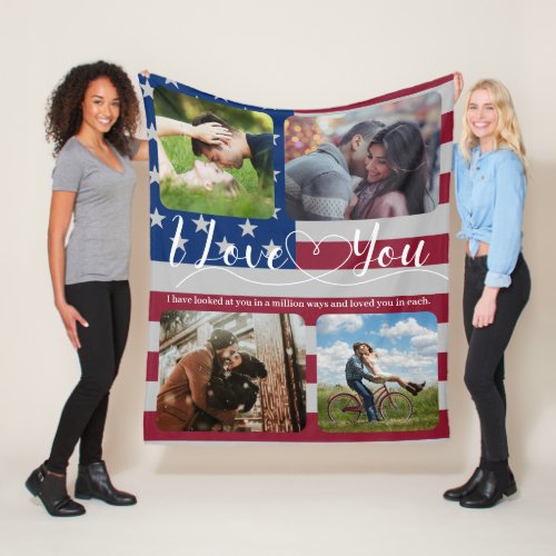 USA flag Love Photo collage Anniversary Valentine Fleece Blanket