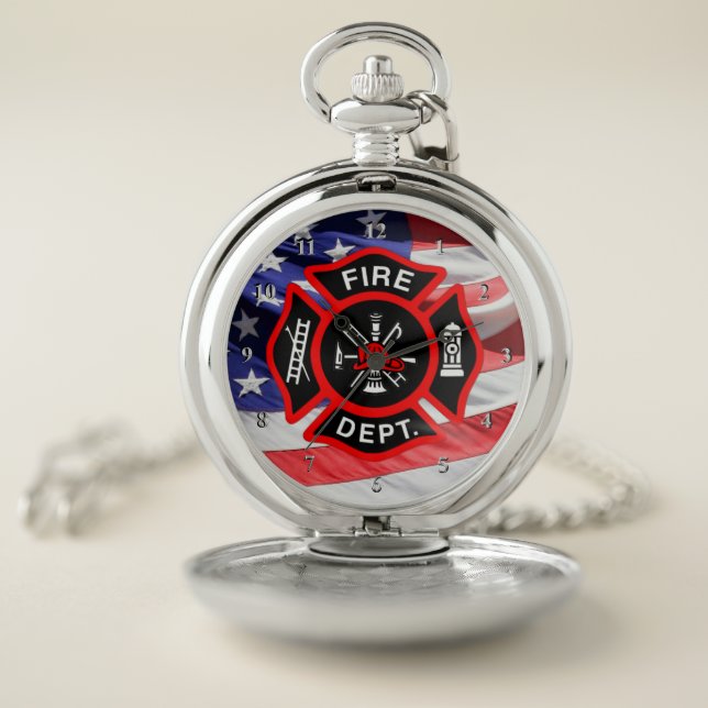 USA Flag Maltese Cross Gift for Firefighters Pocket Watch (Inside)