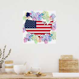 USA Flag Map and Fireworks with Texture Poster