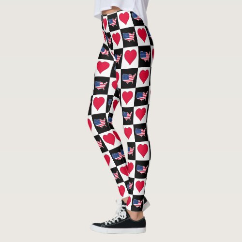 USA Flag Map and Hearts Checkered Pattern Leggings