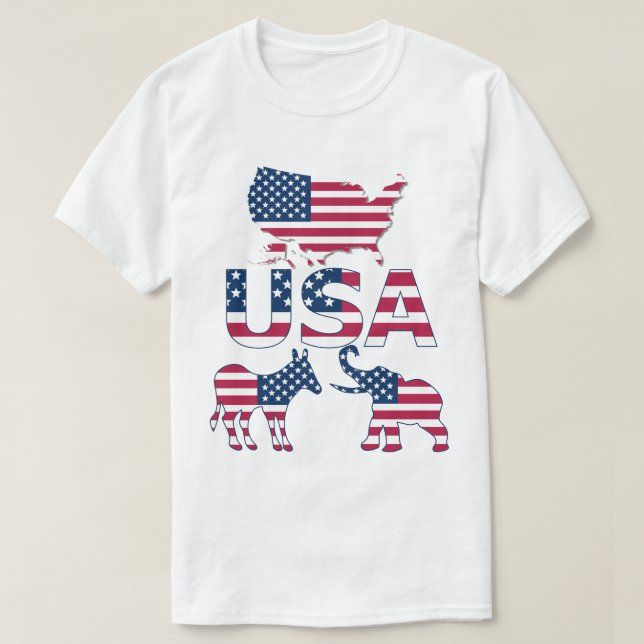 USA Flag Map Donkey Elephant Political Elections T-Shirt (Design Front)