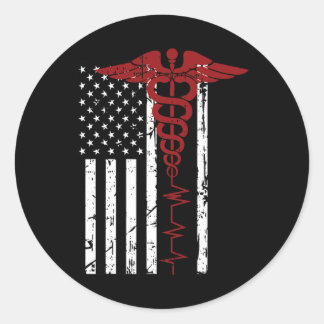 Usa Flag Medical Symbol Black Patriotic Caduceus N Classic Round Sticker