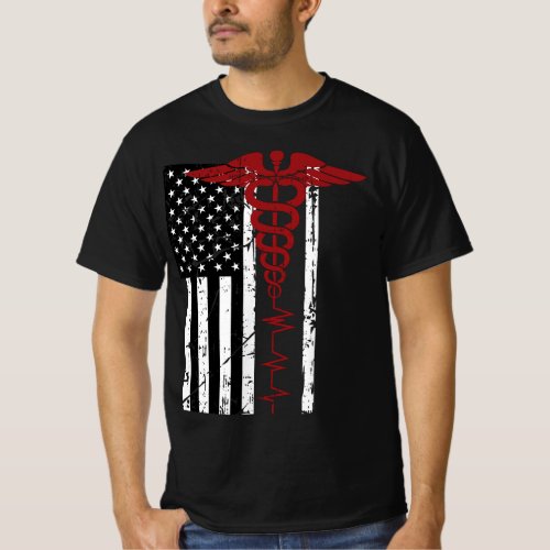 USA Flag Medical Symbol Black Patriotic Caduceus N T_Shirt