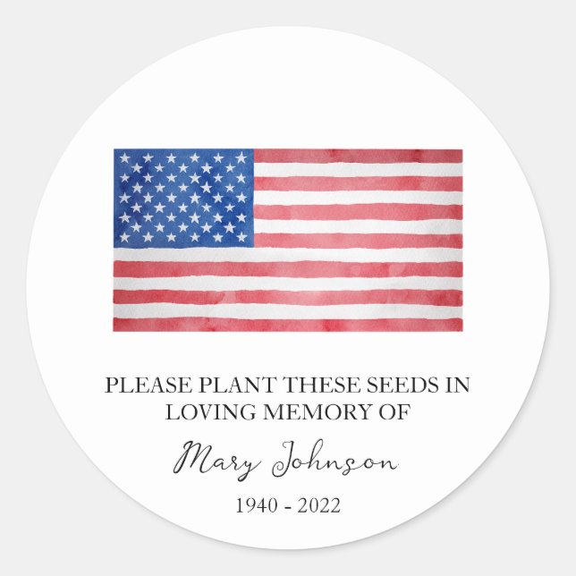 USA Flag Memorial Funeral Seed Packet Classic Round Sticker (Front)