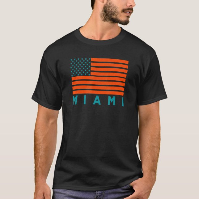 USA Flag Miami OrangeTeal-GreenBlue Miami FL Ameri T-Shirt (Front)