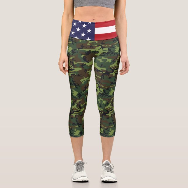 USA Flag Military Green Camo Capri Leggings (Front)