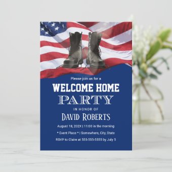 USA Flag Navy Blue Military Solider Homecoming Invitation | Zazzle