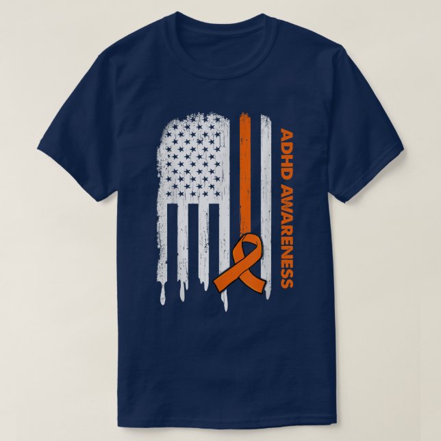 USA Flag Orange Ribbon ADHD Awareness 1244 T-Shirt (Design Front)