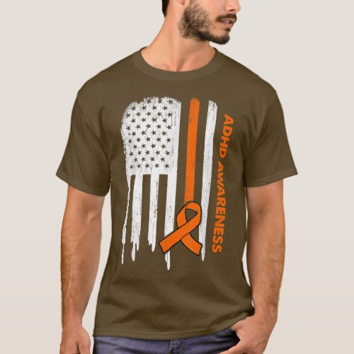 USA Flag Orange Ribbon ADHD Awareness  T_Shirt