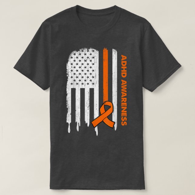 USA Flag Orange Ribbon ADHD Awareness  T-Shirt (Design Front)