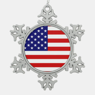 USA Flag orncn Snowflake Pewter Christmas Ornament