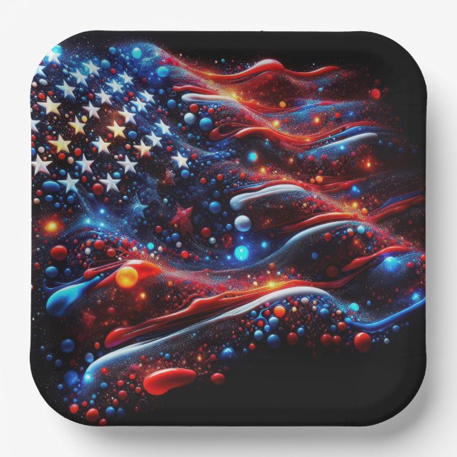 USA Flag Paint Splatters 4th Of July Paper Plates (Front)