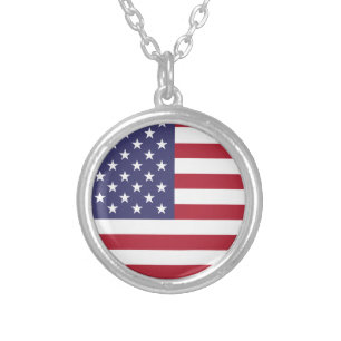 USA Flag Patriotic American Flag Stars and Stripes Silver Plated Necklace