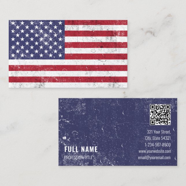 USA Flag Patriotic American Red White Blue QR Code Business Card (Front/Back)