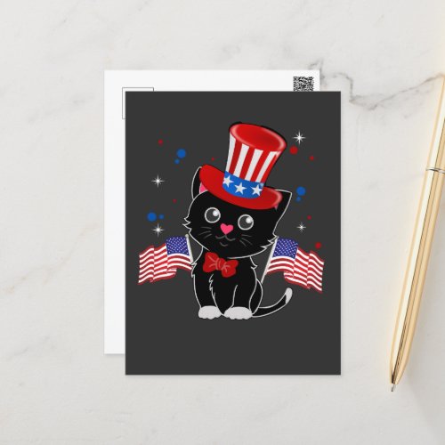 USA Flag Patriotic Black Cat  Postcard