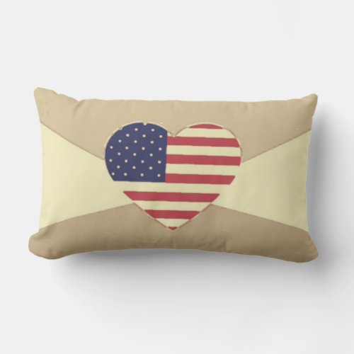 USA Flag Patriotic Heart Vintage Retro Style Cream Lumbar Pillow