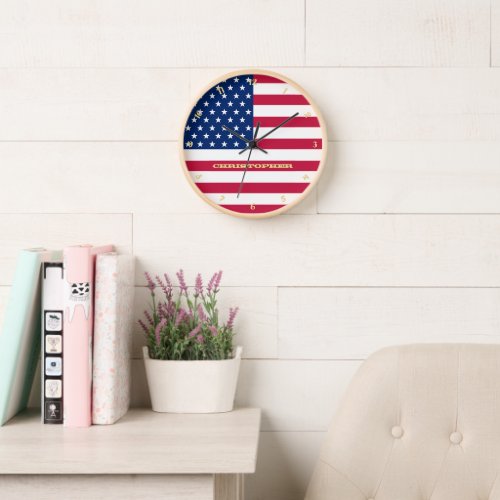 USA Flag Patriotic Home Office Decor Gold Monogram Clock