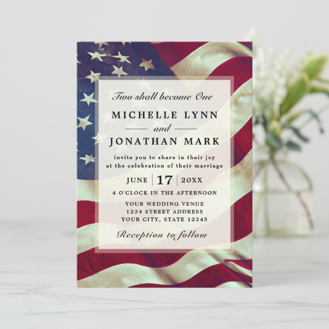 USA Flag Patriotic Two Become One Bible Wedding Invitation (Standing Front)
