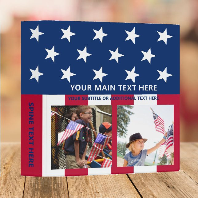 USA flag Personalized Photo Collage 3 Ring Binder (USA Patriotic - 4th of July - Red White and Blue - Modern Family Photo Album 3 Rings Binder)