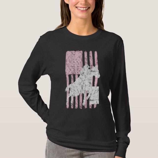 Usa Flag Pink Barrel Racing Racer Horse Riding Rod T-Shirt (Front)