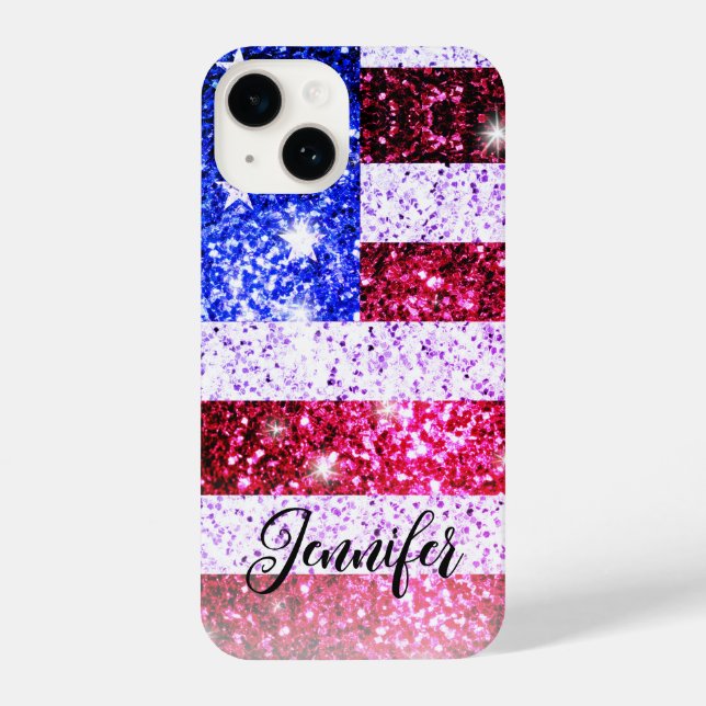 USA flag Pink blue America faux sparkle Your name iPhone Case (Back)