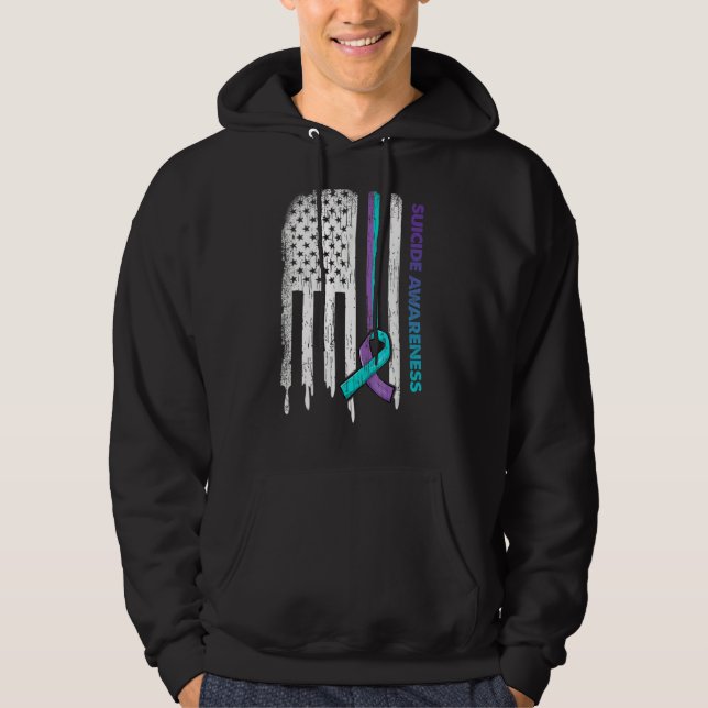 Usa Flag Purple & Teal Ribbon Suicide Awareness Hoodie (Front)
