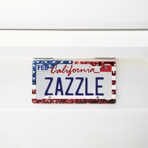 USA flag red and blue sparkles glitters Car License Plate Frame