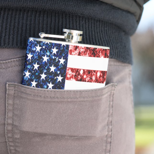 USA flag red and blue sparkles glitters Flask (In Situ)