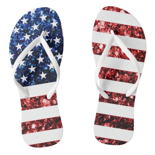 USA flag red and blue sparkles glitters Flip Flops - USA flag in red and blue faux sparkles & glitters. We use photo of sparkles and not actual glitters.