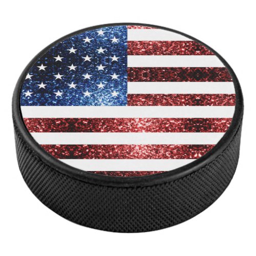 USA flag red and blue sparkles glitters Hockey Puck