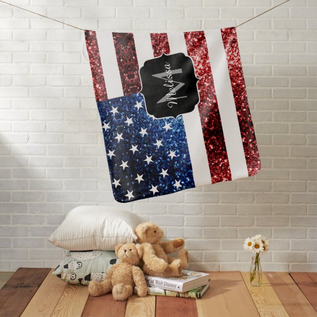 USA flag red and blue sparkles glitters Monogram Baby Blanket (In Situ)