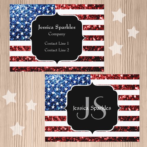 USA flag red and blue sparkles glitters Monogram Business Card