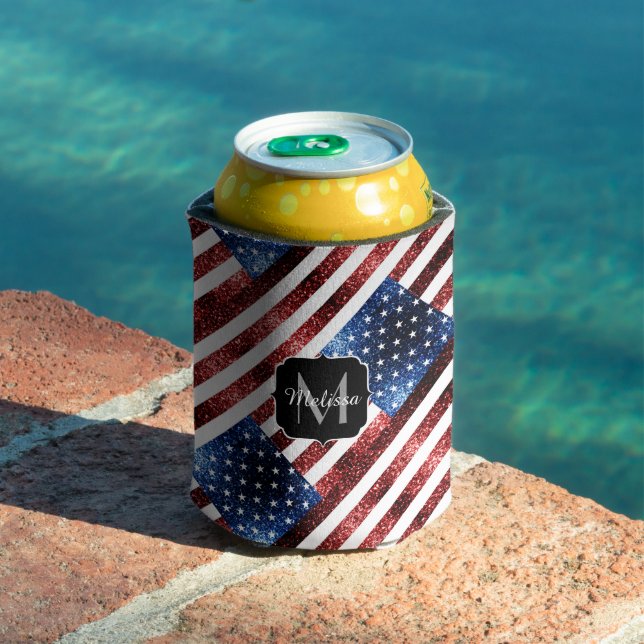 USA flag red and blue sparkles glitters Monogram Can Cooler (In Situ Pool)