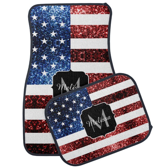 USA flag red and blue sparkles glitters Monogram Car Mat (Set)