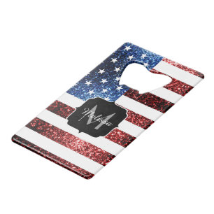 USA flag red and blue sparkles glitters Monogram Credit Card Bottle Opener