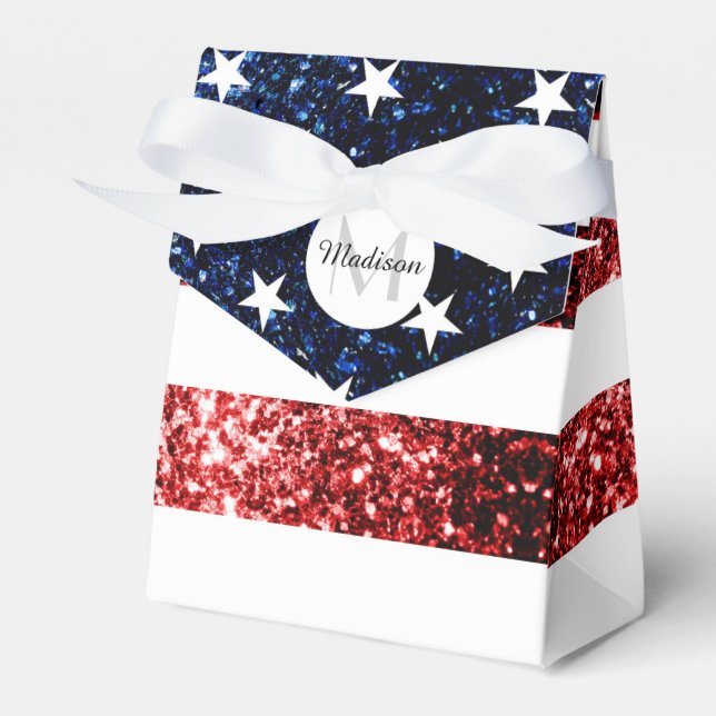 USA flag red and blue sparkles glitters Monogram Favor Boxes (Front Side)