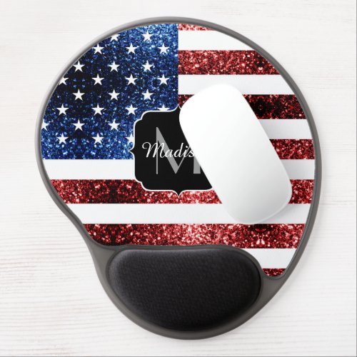 USA flag red and blue sparkles glitters Monogram Gel Mouse Pad